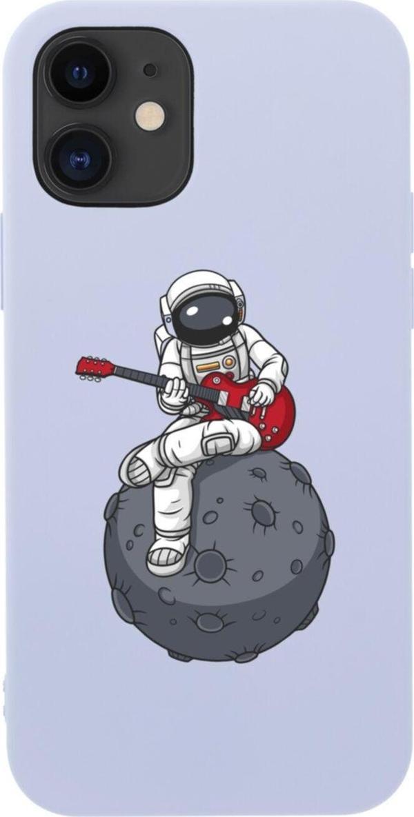 Butikcase İphone 12 Gitarcı Astronot Tasarımlı Lila Telefon Kılıfı - Image 1