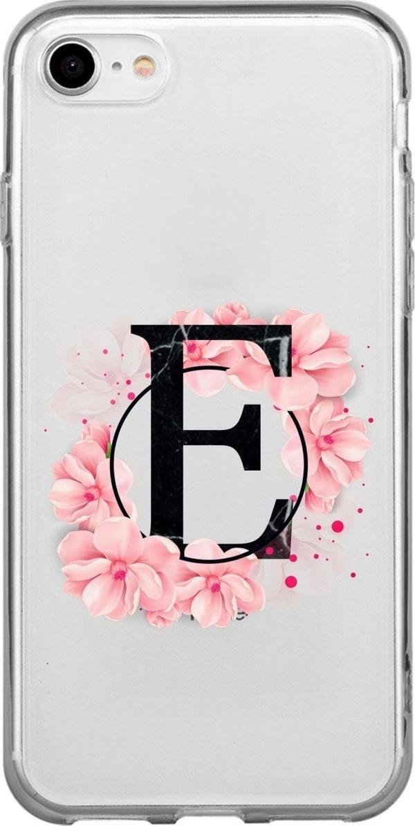 Mooodcase İphone 7 Pembe Çiçek Desen E Harfli Şeffaf Kılıf - Image 1