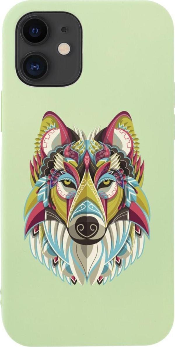 Butikcase İphone 12 Colorful Wolf Tasarımlı Yeşil Telefon Kılıfı - Image 1