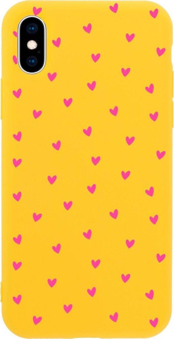 Butikcase İphone X Minik Kalpler Pembe Tasarımlı Sarı Telefon Kılıfı - Image 1