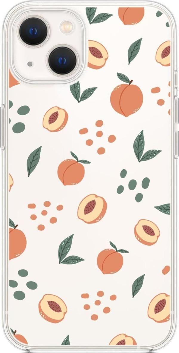 Mooodcase İphone 14 Plus Uyumlu Şeftali Pattern Premium Şeffaf Silikon Kılıf - Image 1