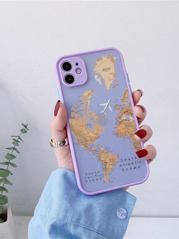Mooodcase Iphone 11Uyumlu Lila Kamera Lens Korumalı Dünya Harita Desenli Lüx Telefon Kılıfı - Image 1