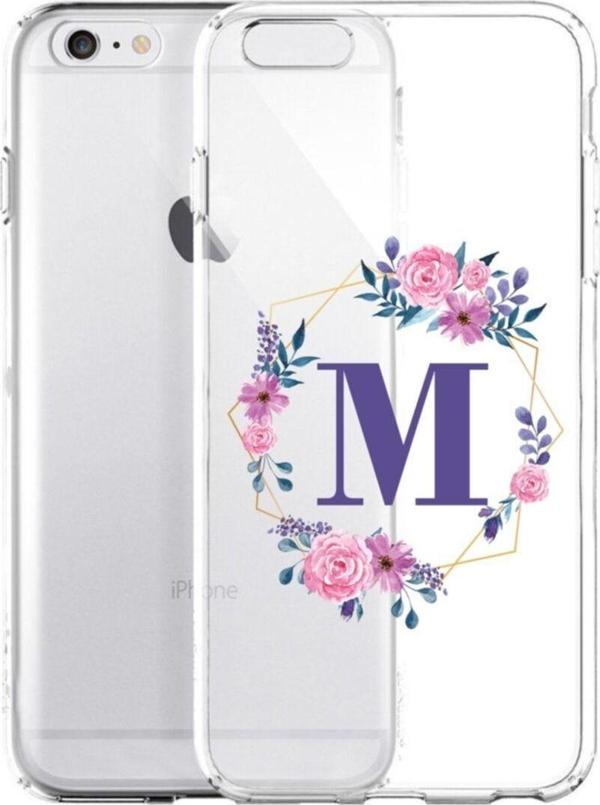 Mooodcase İphone 6 Mor Çiçekli M Harfli Şeffaf Telefon Kılıfı - Image 1