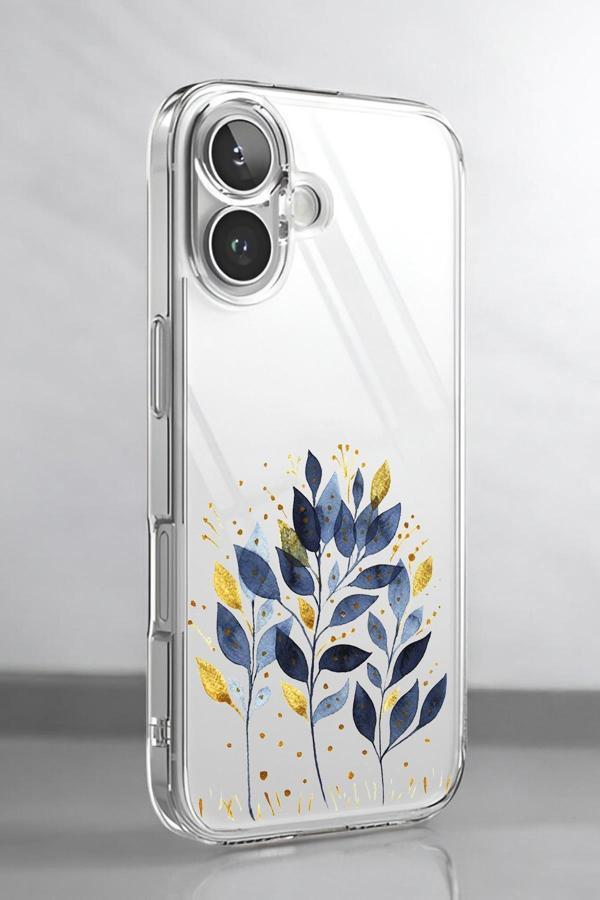 Mooodcase İphone 16 Uyumlu Mavi Yaprak Desenli Premium Silikonlu Şeffaf Telefon Kılıfı - Image 1