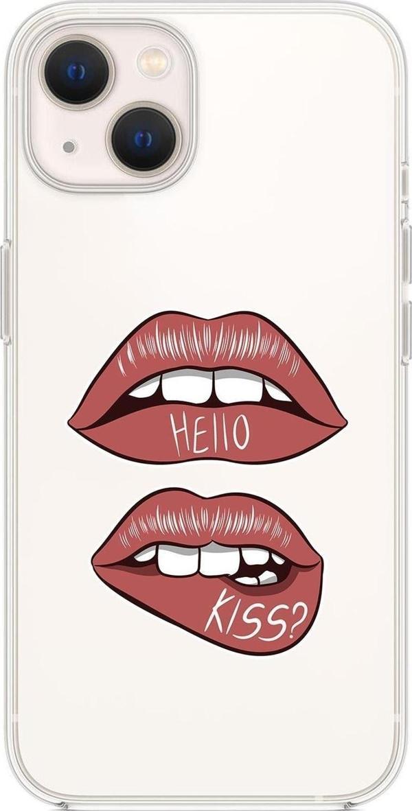 Mooodcase İphone 14 Plus Uyumlu Hello Kiss Desenli Şeffaf Silikonlu Telefon Kılıfı - Image 1