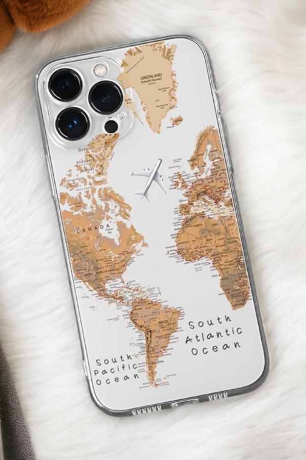 Mooodcase İphone 16 Pro Max Uyumlu Dünya Harita Desenli Premium Silikonlu Şeffaf Telefon Kılıfı - Image 1