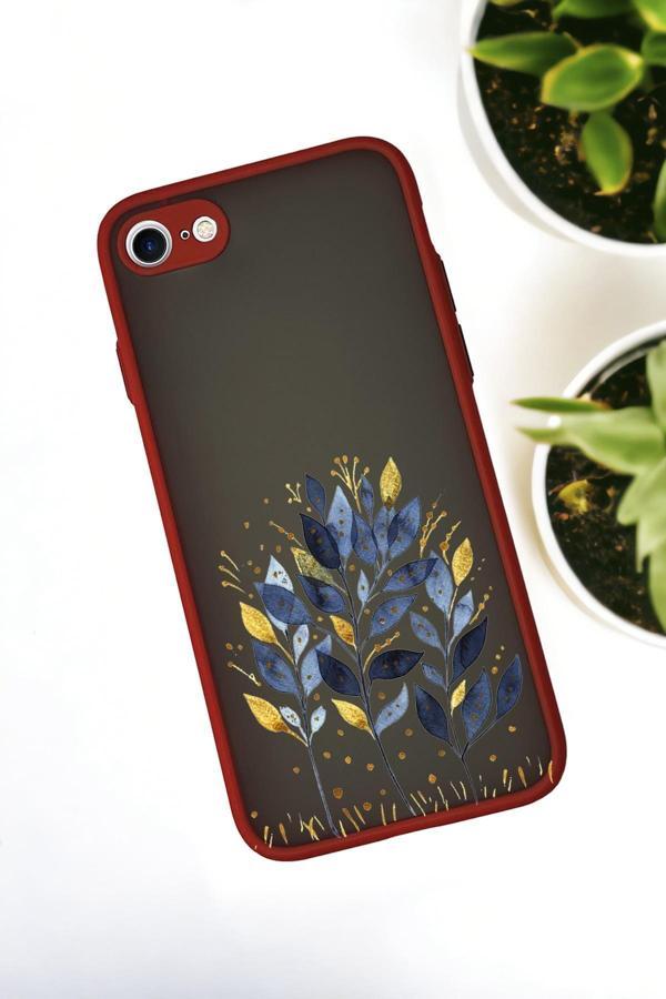 Mooodcase İphone Se 2020 Uyumlu Mavi Yaprak Desenli Buzlu Şeffaf Lüx Telefon Kılıfı - Image 1