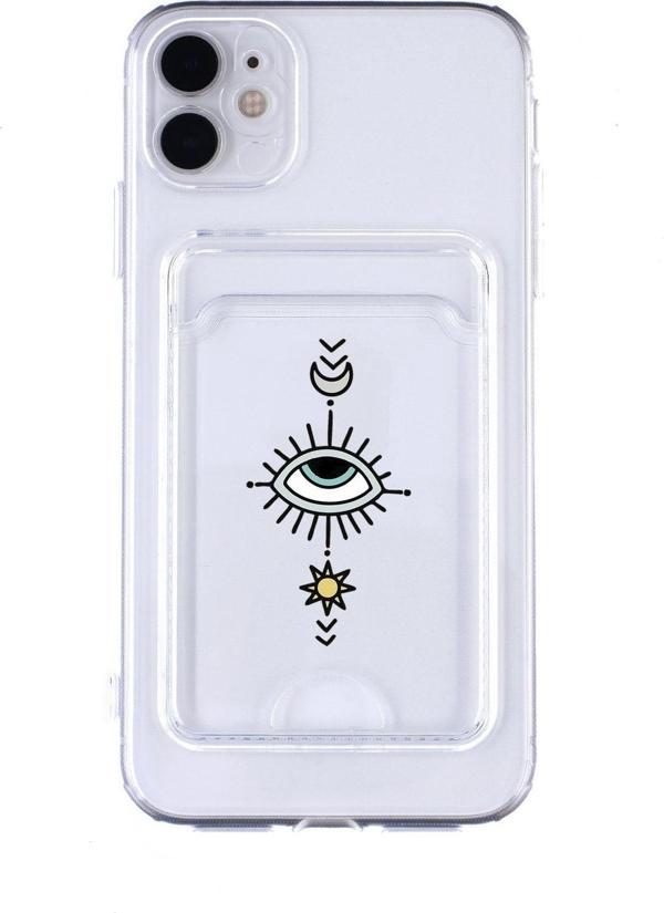 Mooodcase İphone 12 Uyumlu Nazar Göz Desenli Şeffaf Kamera Korumalı Ve Kartlıklı Telefon Kılıfı - Image 1