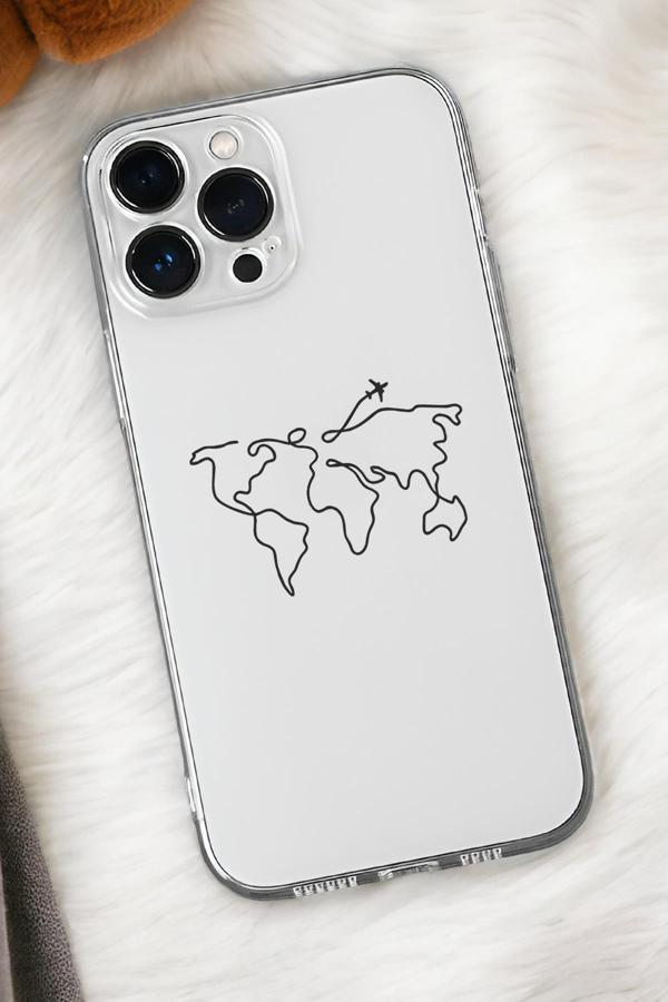 Mooodcase İphone 15 Pro Max Uyumlu Dünya Harita Rota Desenli Premium Silikonlu Şeffaf Telefon Kılıfı - Image 1