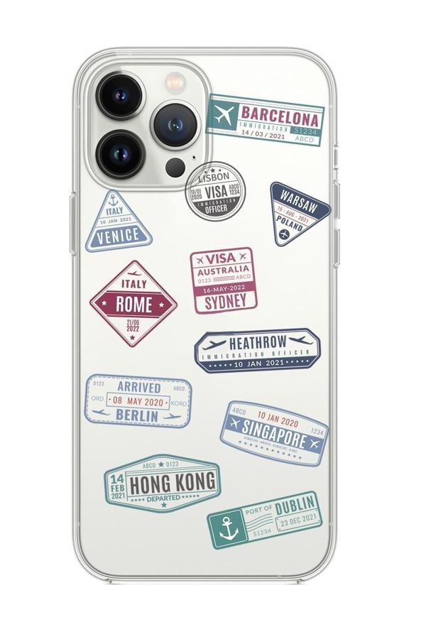 Mooodcase İphone 14 Pro Max Uyumlu Seyahat Pulu Desenli Şeffaf Silikonlu Telefon Kılıfı - Image 1