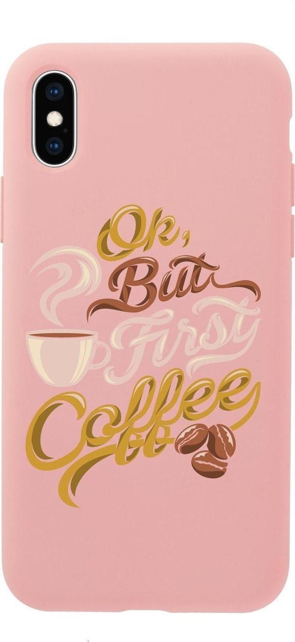 Mooodcase İphone X First Coffee Premium Pembe Lansman Silikonlu Kılıf - Image 1