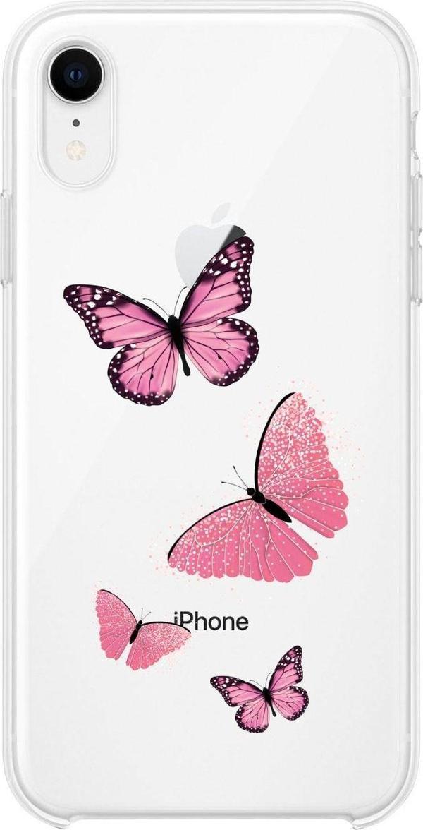 Mooodcase Uyumlu İphone Xr Pembe Kelebekler Desenli Premium Şeffaf Silikon Kılıf - Image 1