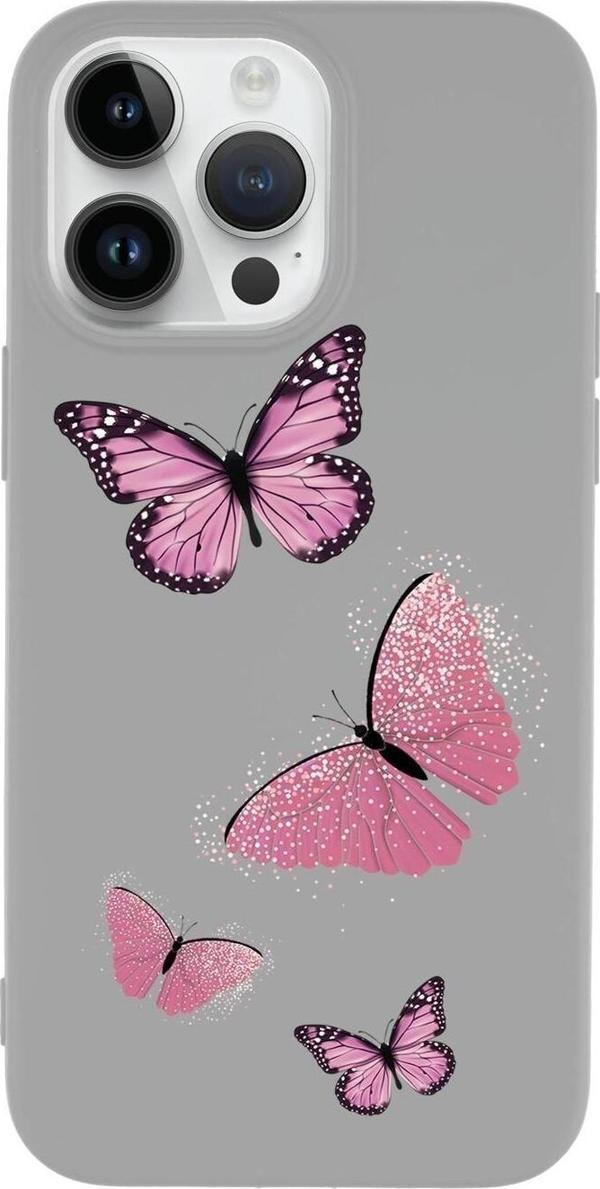 Mooodcase İphone 14 Pro Uyumlu Pembe Kelebekler Desenli Premium Silikonlu Lansman Telefon Kılıfı - Image 1