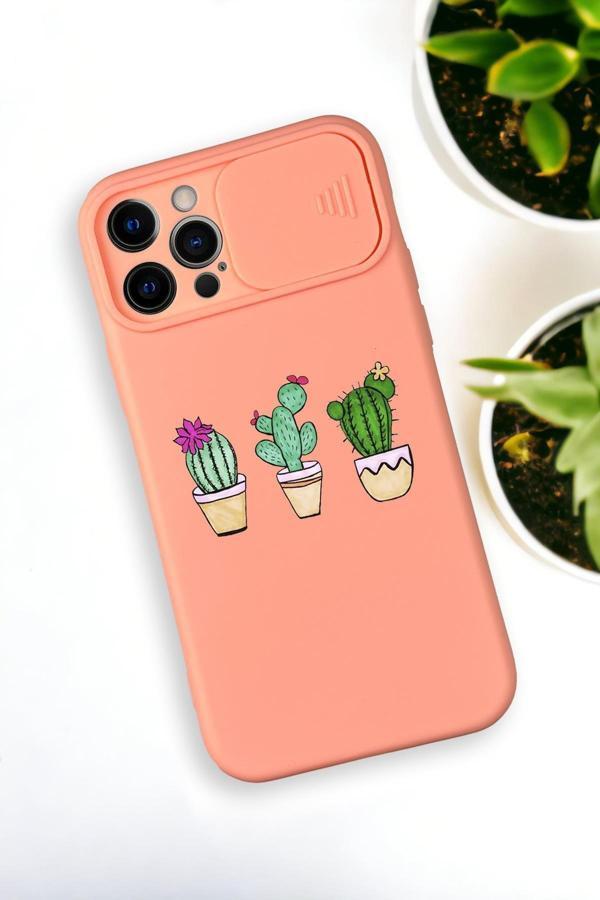 Mooodcase İphone 12 Pro Uyumlu Üçlü Kaktüs Desenli Kamera Koruma Slider Kapaklı Silikonlu Telefon Kılıfı - Image 1