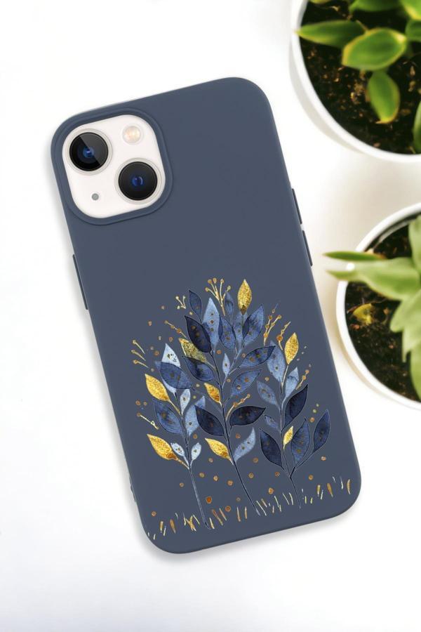 Mooodcase İphone 15 Plus Uyumlu Mavi Yaprak Desenli Premium Silikonlu Lansman Telefon Kılıfı - Image 1