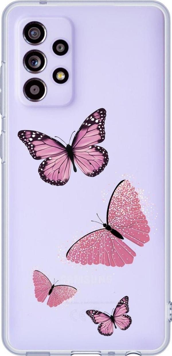 Mooodcase Galaxy A72 Uyumlu Pembe Kelebekler Desenli Premium Şeffaf Silikonlu Telefon Kılıfı - Image 1