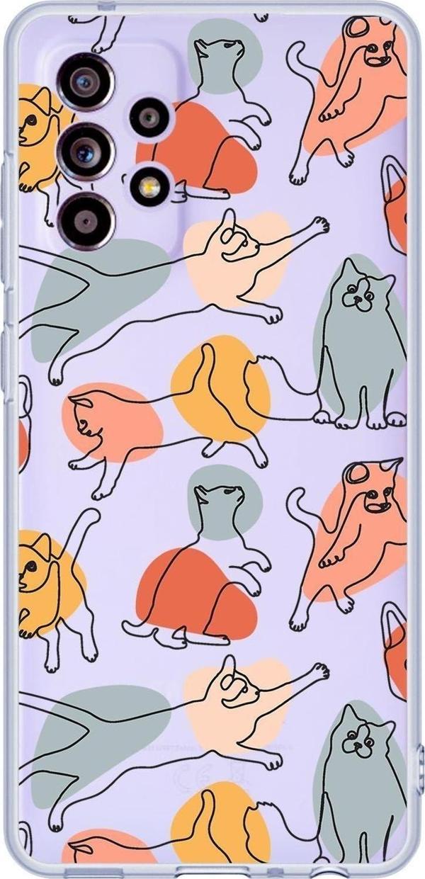 Mooodcase Galaxy A52 Uyumlu Sevimli Kedi Figürleri Desenli Premium Şeffaf Silikonlu Telefon Kılıfı - Image 1
