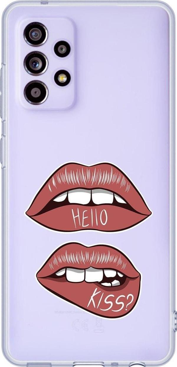 Mooodcase Galaxy A52 Uyumlu Hello Kiss Desenli Premium Şeffaf Silikonlu Telefon Kılıfı - Image 1