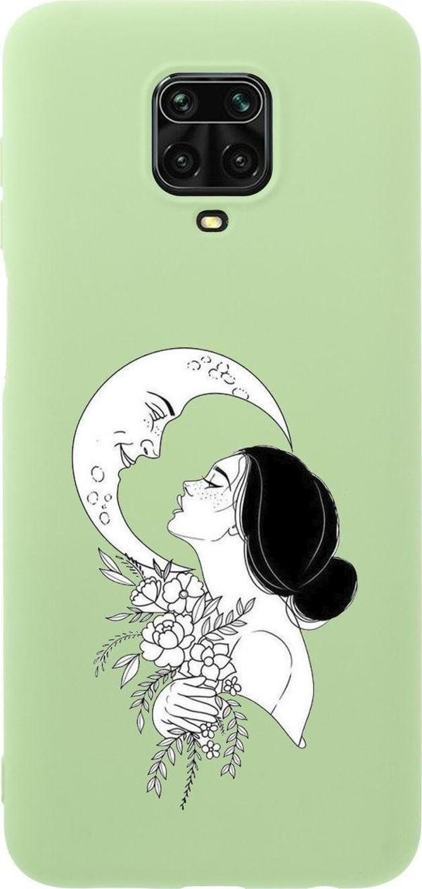 Mooodcase Redmi Note 9S Moon & Uyumlu  Woman Desenli Premium Silikonlu Yeşil Telefon Kılıfı - Image 1