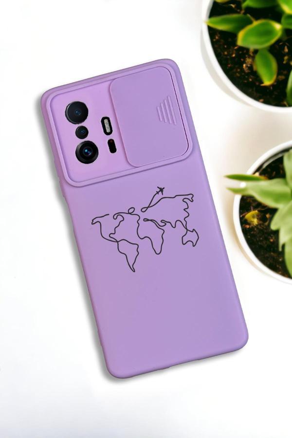 Mooodcase Xiaomi 11T Uyumlu Dünya Harita Rota Desenli Kamera Koruma Slider Kapaklı Silikonlu Telefon Kılıfı - Image 1