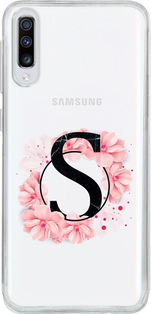 Mooodcase Samsung A70 Uyumlu  Pembe Çiçek Desen S Harfli Şeffaf Kılıf - Image 1