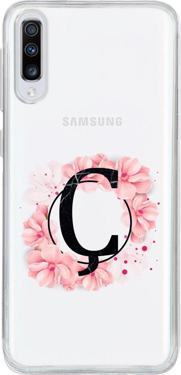 Mooodcase Samsung A70 Uyumlu Pembe Çiçek Desen Ç Harfli Şeffaf Kılıf - Image 1