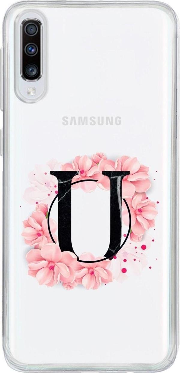 Mooodcase Samsung A70 Uyumlu Pembe Çiçek Desen U Harfli Şeffaf Kılıf - Image 1