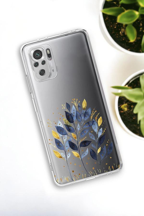 Mooodcase Xiaomi Redmi Note 10 Uyumlu Mavi Yaprak Desenli Premium Silikonlu Şeffaf Telefon Kılıfı - Image 1