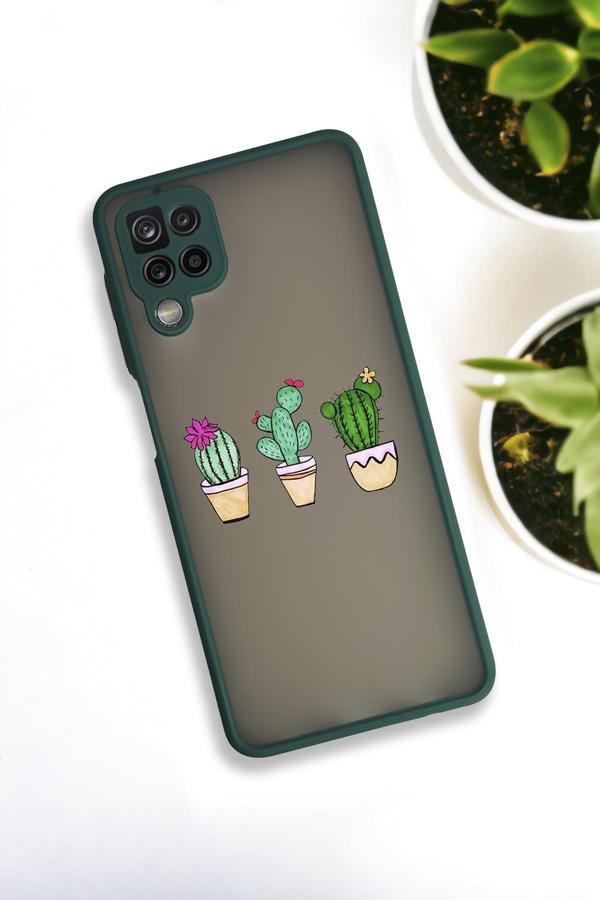 Mooodcase Samsung Galaxy A12 Uyumlu Üçlü Kaktüs Desenli Buzlu Şeffaf Lüx Telefon Kılıfı - Image 1
