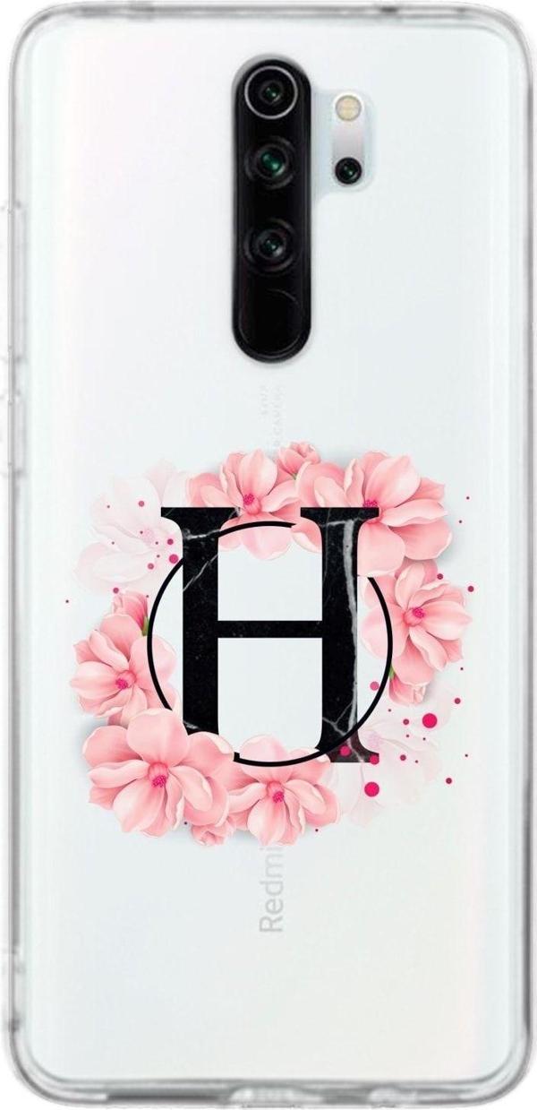 Mooodcase Xiaomi Redmi Note 8 Pro Uyumlu Pembe Çiçek Desen H Harfli Şeffaf Kılıf - Image 1