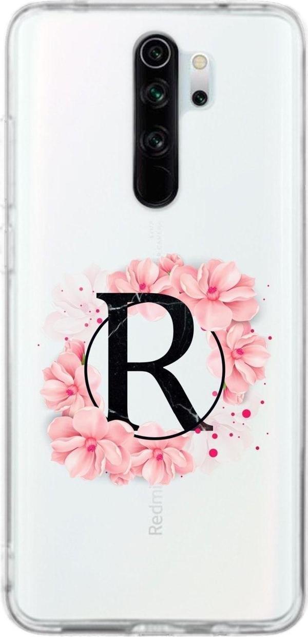 Mooodcase Xiaomi Redmi Note 8 Pro Uyumlu Pembe Çiçek Desen R Harfli Şeffaf Kılıf - Image 1