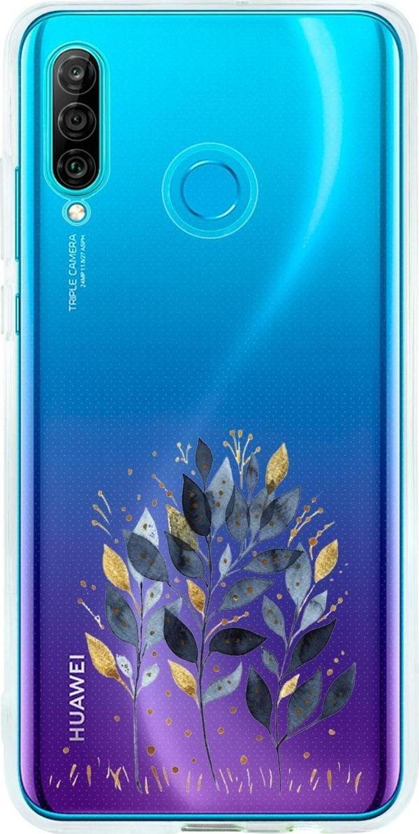 Mooodcase Huawei P30 Lite Uyumlu Mavi Yaprak Desenli Premium Şeffaf Silikon Kılıf - Image 1