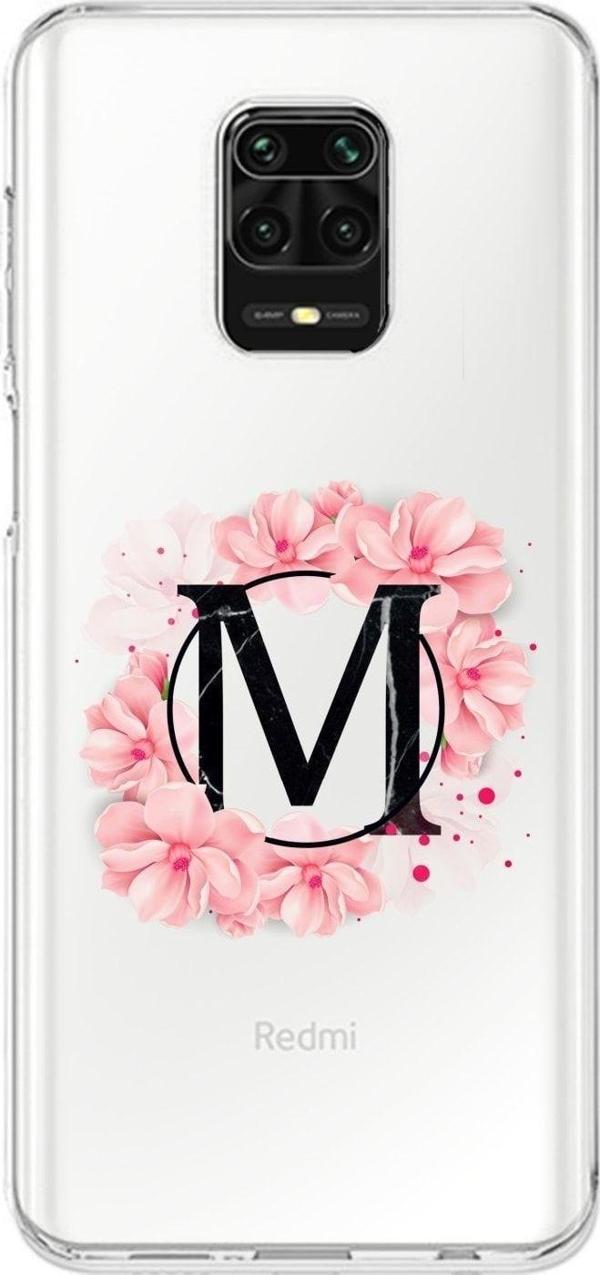Mooodcase Xiaomi Redmi Note 9S Uyumlu Pembe Çiçek Desen M Harfli Şeffaf Kılıf - Image 1
