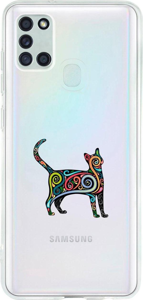 Mooodcase Uyumlu Samsung A21S Kedi Pattern Desenli Premium Şeffaf Silikon Kılıf - Image 1