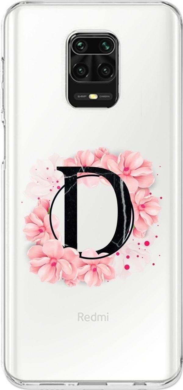 Mooodcase Xiaomi Redmi Note 9S Pembe Çiçek Desen D Harfli Şeffaf Kılıf - Image 1