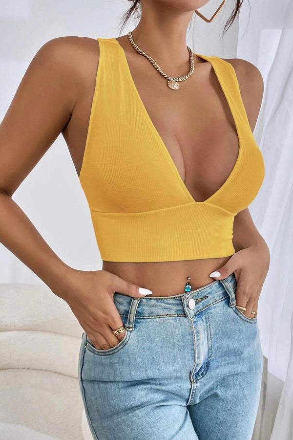 Kadın Sarı Çapraz Sırt Detaylı Şık Crop Top Büstiyer - Image 1