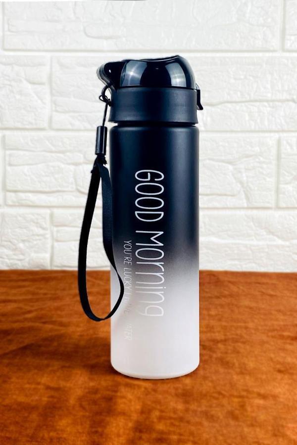 Plastik 500cc Good Morning Su Şişesi Matarası Suluk Siyah Beyaz - Image 1