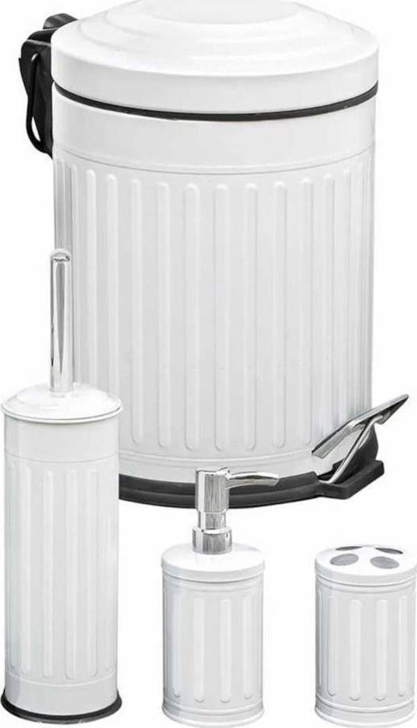 4 Parça Metal Tuvalet Fırçası Çöp Kovası Sıvı Sabunluk Diş Fırçalık Banyo Seti Çizgi Beyaz - Image 1