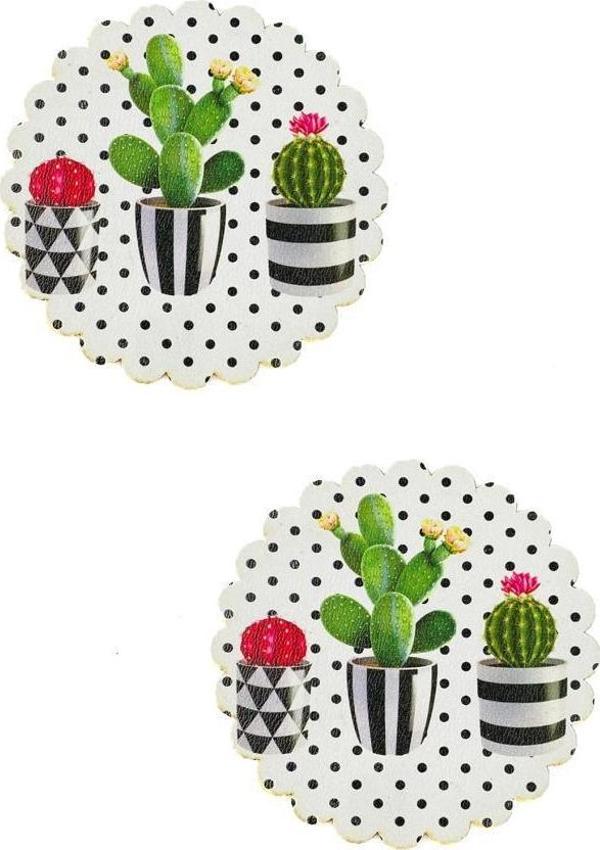 2li Ahşap Kaktüs Desenli 9.5cm Kaydırmaz 5mm Bardak Sunum Altlığı - Image 1