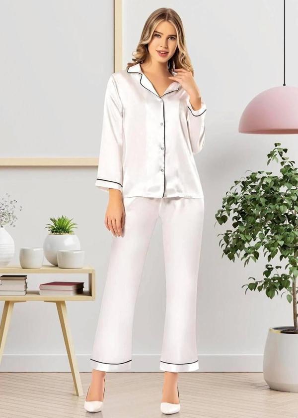 Saten Gömlek Yaka Patlı Pijama Takımı - Image 1