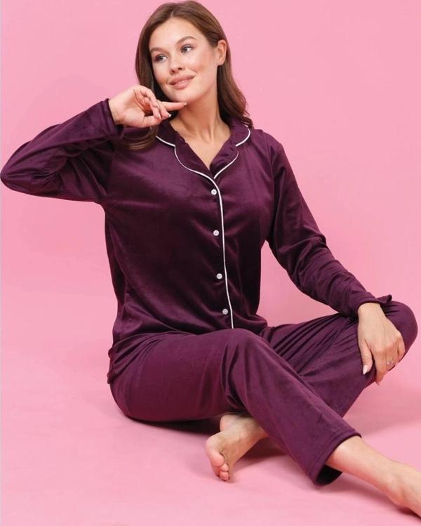 Good Night - Kadın Kadife Ön Düğmeli Pijama Takımı - Image 1
