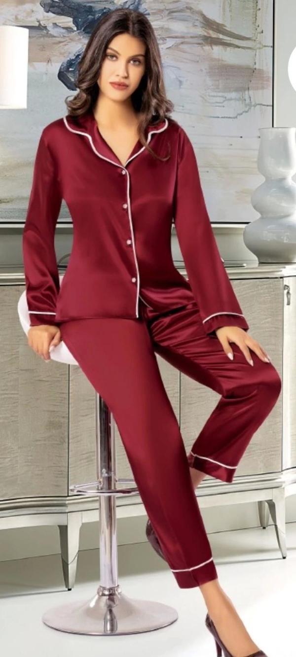 Saten Gömlek Yaka Patlı Pijama Takımı - Image 1