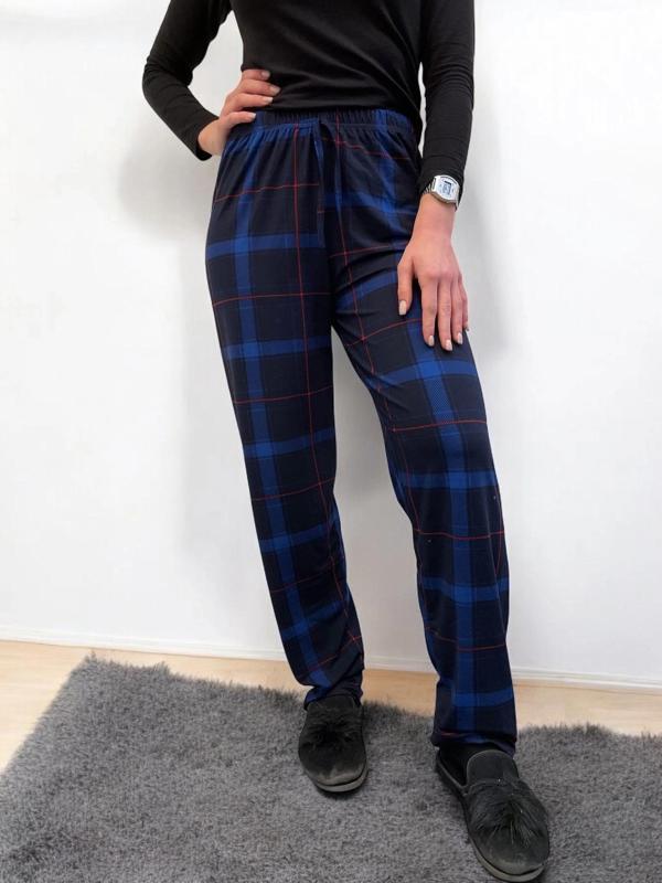 Bayan Beli Lastikli Ekose Süet Tek Pijama Altı - Image 1