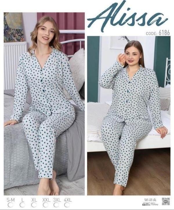 Bayan Önü Düğmeli Çiçek Desenli Pijama Takımı - Image 1