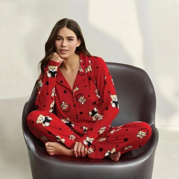 Pijamoni  Kadın Ayıcık Desenli Gömlek Yaka Pijama Takımı - Image 1