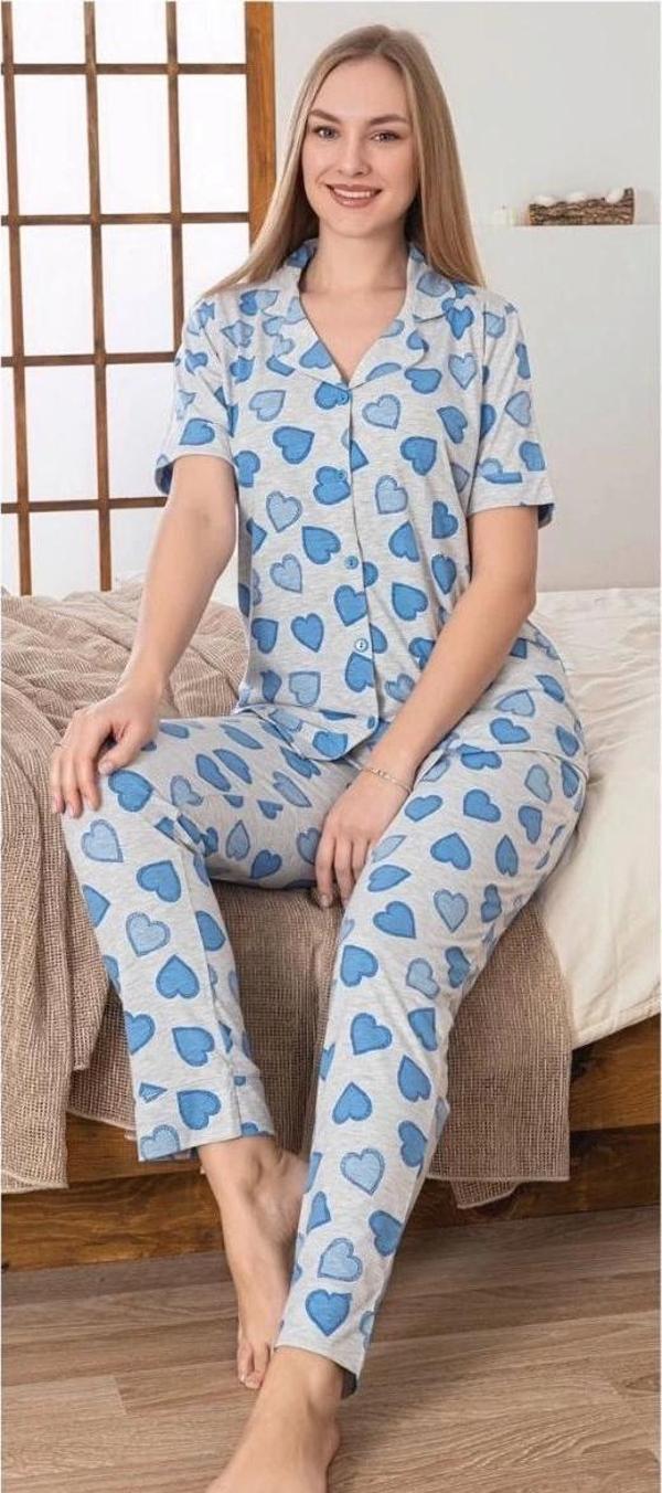 Kadın Mavi Kalp Desenli Patlı Pijama Takımı - Image 1