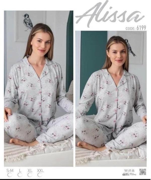 Bayan Önü Düğmeli Desenli Pijama Takımı - Image 1