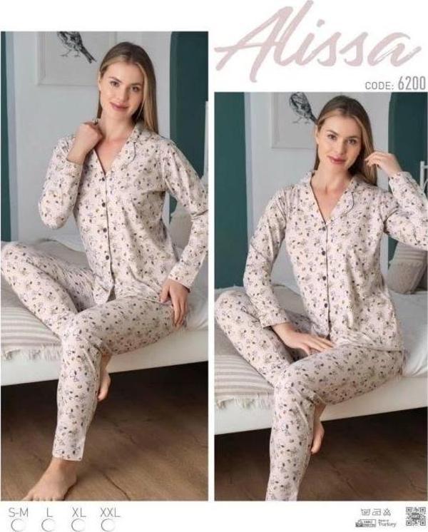 Bayan Önü Düğmeli Desenli Pijama Takımı - Image 1
