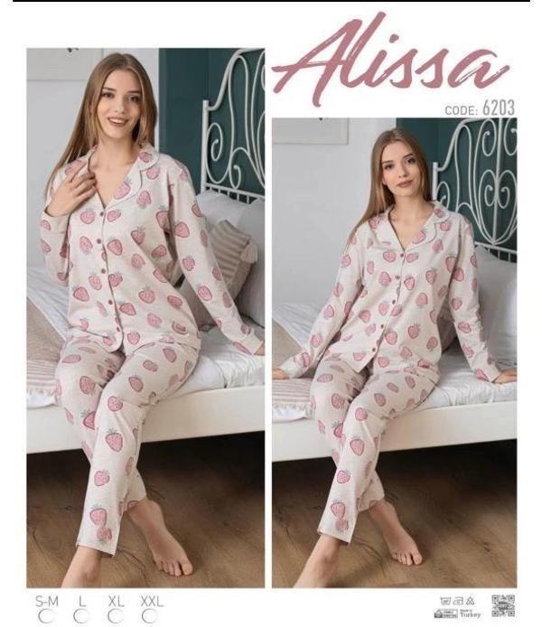 Kadın Patlı Çilek Desenli Uzun Kol Pijama Takımı - Image 1