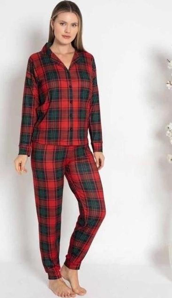Bayan Termal Önü Düğmeli Ekoseli Pijama Takımı - Image 1